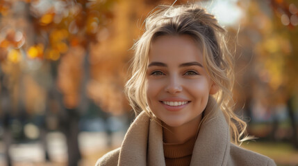 Fototapeta premium Beautiful Smiling Blonde Woman Enjoying Fall Outdoors in Cozy Attire