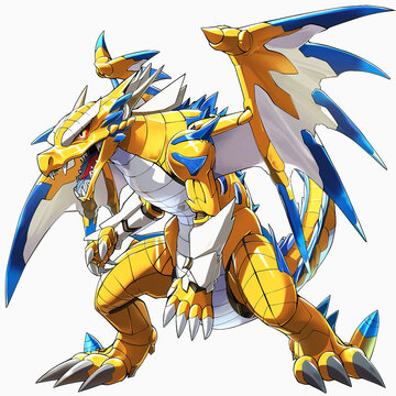 A Yellow and Blue Dragon with Spiked Wings and Claws