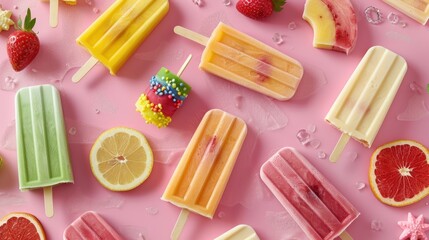 Popsicles with various decorations arranged on a pastel pink background, evoking a sense of summer fun.