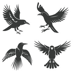 Naklejka premium Set of four black silhouettes of crows in flight.
