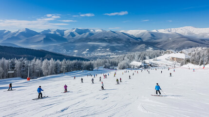 People enjoying skiing and snowboarding in mountain ski resort with beautiful winter landscape in the background