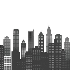 Obraz premium Black and white cityscape silhouette against white background.