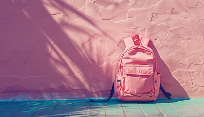 Schoolbag in an elegant hue with an exclusive contemporaneous shadow flung wall backdrop with unused area for advertising, Generative AI.