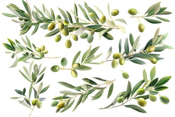 A bunch of green olives hanging from a tree branch, suitable for use in food or kitchen themed contexts