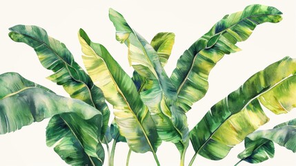 Hand-drawn watercolor illustration of green banana palm leaves on a white background, highlighting tropical flora and botanical art.
