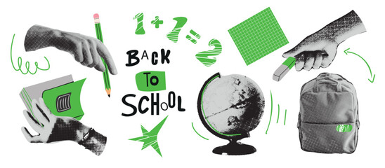 A set of cutout trending elements halftone collage on the theme of back to school. Stationery, books,  globe. Halftone hands holding school supplies. Contemporary vector graphics.
