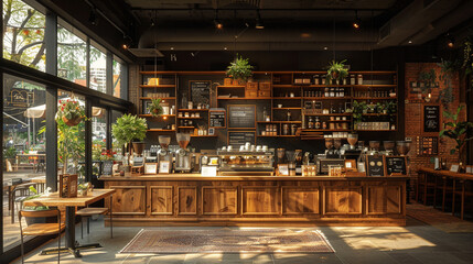 A coffee shop with a wooden counter and a large window