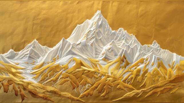 A golden-white mountain embroidered on paper, combining traditional art with fluid art techniques.