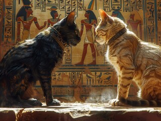 Two Cats Engaged in a Staring Contest Against an Ancient Egyptian Backdrop