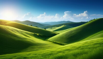 Fototapeta premium A 3D background featuring a serene natural landscape with rolling hills, lush greenery, and a clear blue sky.