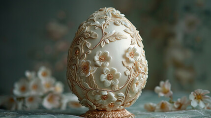 A white egg with flowers painted on it sits on a table