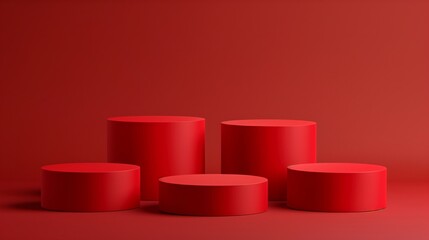 Five Minimalist Red Toned Round Podiums for Product Presentation on Empty Background. Ideal for E-commerce and Advertising Displays, Showcasing Minimalist Style and Elegance
