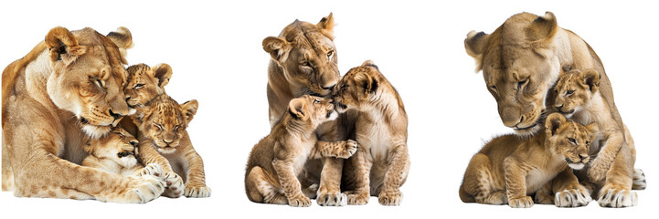 Obraz premium Set of A lioness and her cubs in a tender moment isolated on transparent background