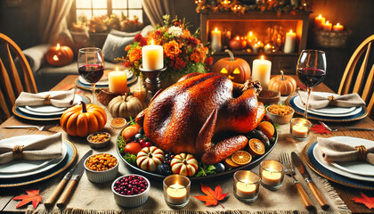 Christmas table with turkey on a festive background. AI Generated