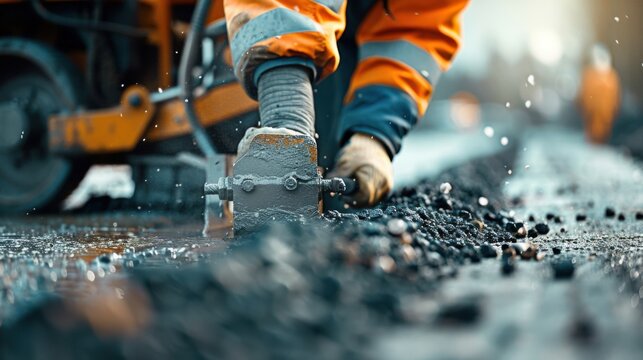 A close-up of a road builder is hands gripping the controls of a road roller with asphalt being compacted in the foreground