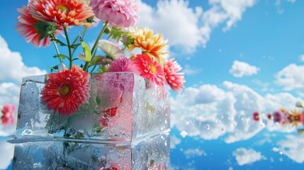A bouquet of flowers trapped inside a block of ice, perfect for winter-themed designs or scientific illustrations