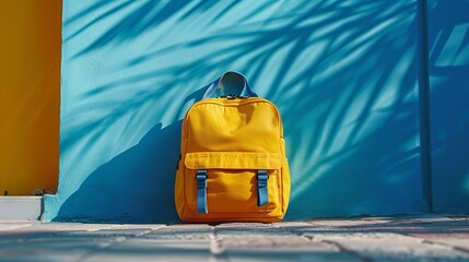 Schoolbag in an elegant hue with an exclusive contemporaneous shadow flung wall backdrop with unused area for advertising, Generative AI.