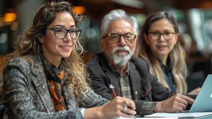 Fototapeta premium Three people are sitting at a table, one of them is writing with a pen
