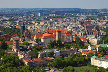 Wawel Royal castle, Saints Peter and Paul Church and St. Mary's Basilica at Krakow as seen from observation deck on tethered balloon