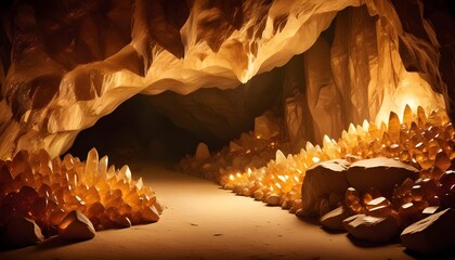 Radiant, honey-colored amber crystals casting a warm, ethereal glow throughout the shadowy recesses of an ancient, underground cave system