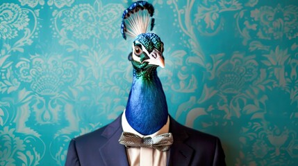 A peacock in a tailored suit, standing confidently, representing the importance of presentation and brand image in business