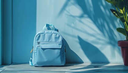 Schoolbag in an elegant hue with an exclusive contemporaneous shadow flung wall backdrop with unused area for advertising, Generative AI.