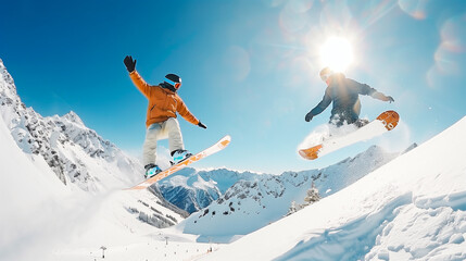 Snowboarder jumping over another doing handplant trick