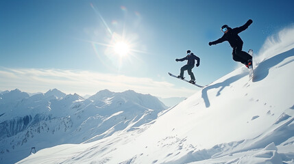 Snowboarder jumping over another doing handplant trick 