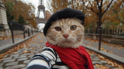 Cute Long-Haired Cat Taking a Selfie in Paris with Eiffel Tower in Background