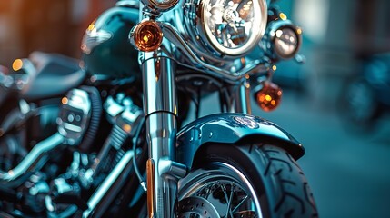 Fototapeta premium Sophisticated and&nbsp;futuristic transport appears in the glossy chrome motorcycle headlamp on&nbsp;outside driveways&nbsp;with blank space for an&nbsp;advert, Generative AI.