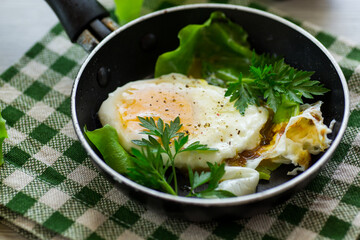fried egg in a frying pan with herbs