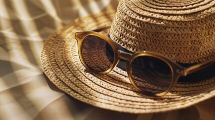 Classic woven hat with vintage sunglasses on fabric
