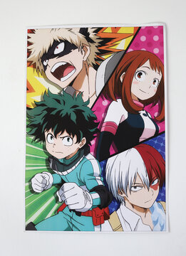
Poster with the characters from the manga and anime book series My Hero Academia. Izuku Midoriya, Ochako Uraraka, Shoto Todoroki, Katsuki Bakugo.