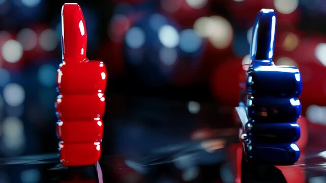 Two thumbs up symbols are shown side by side, one red and one blue. Concept of approval and agreement, as thumbs are often used to express positive feedback or support