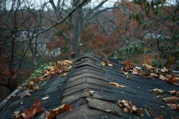 A roof covered in leaves and debris. The image has a moody and somewhat eerie feeling, as if the leaves are falling from the sky and covering the roof