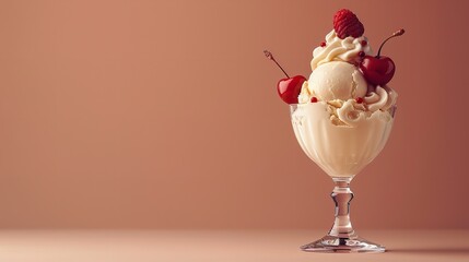 Tasty creamy ice cream scoop dessert illustration on a glass that is feverishly placed on a platform isolated on a solid backdrop with extensive potential commercial space, Generative AI.