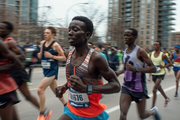 A photo of a group of marathon runners competing in a race. The runners are in mid-stride, wearing colourful running outfits. The background includes blurred cityscape. Running and sports concept.