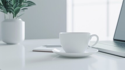 A close-up of a desk with a laptop, a cup of coffee, and a notepad with a pen, with copy space, high-resolution photo, realistic photo