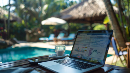 Laptop with Stock Market Graphs in Tropical Setting