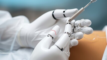 A close-up of a robots hand using a specialized tool to perform microsurgery on a patients eye, with copy space, high-resolution photo, realistic photo