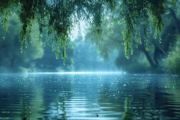 A beautiful lake with a tree branch hanging over it