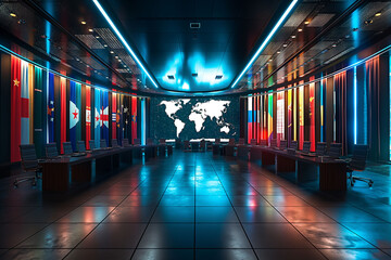 Illuminated international conference room with world map, flags of various countries, modern design, global cooperation concept