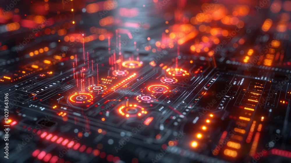 Wall mural a computer chip with many glowing dots
