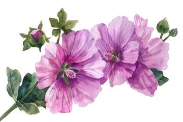 Two purple flowers on a branch against a simple background