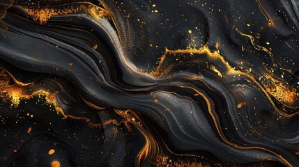 Abstract Black and Gold Marble Texture with Fluid Swirls and Splashes of Paint