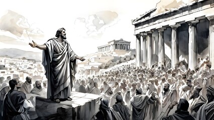 The Apostle Paul Preaching to a Diverse Crowd in the Ancient City of Athens, with the Iconic Acropolis in the Background, Delivering a Powerful Religious Message of Faith and Salvation