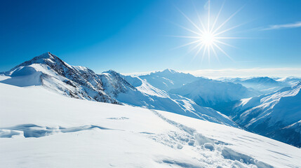 Obraz premium Sun over winter mountains covered with snow. Untouched freeride slope. Snow covered glacier 