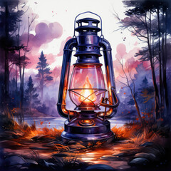 Watercolor Camping lanter, clipart Illustration, Generative Ai