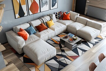 A contemporary living room with a modular sofa a geometric rug and a minimalist coffee table The...