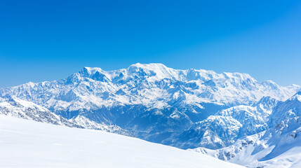 View of Snow-Covered Caucasus Mountains under Clear Blue Sky